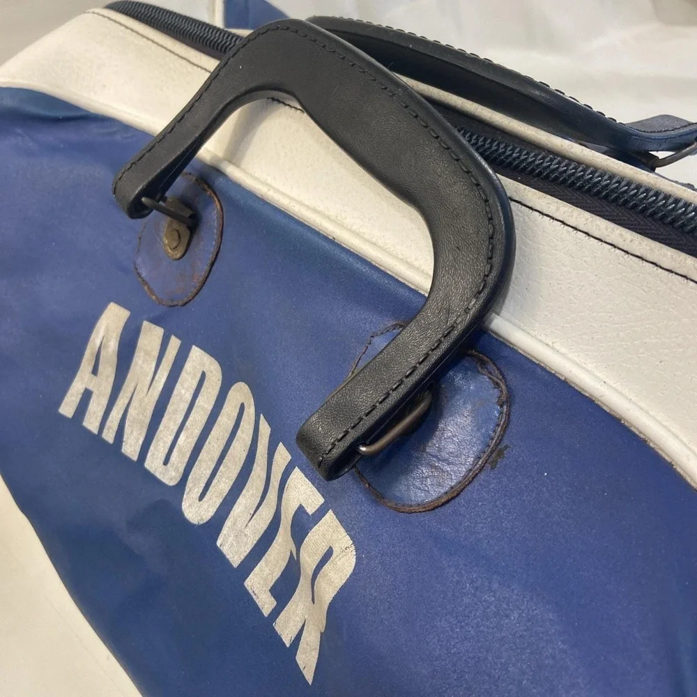 Phillips Andover Vintage Leather Gym Duffel Blue And White With Working Zipper